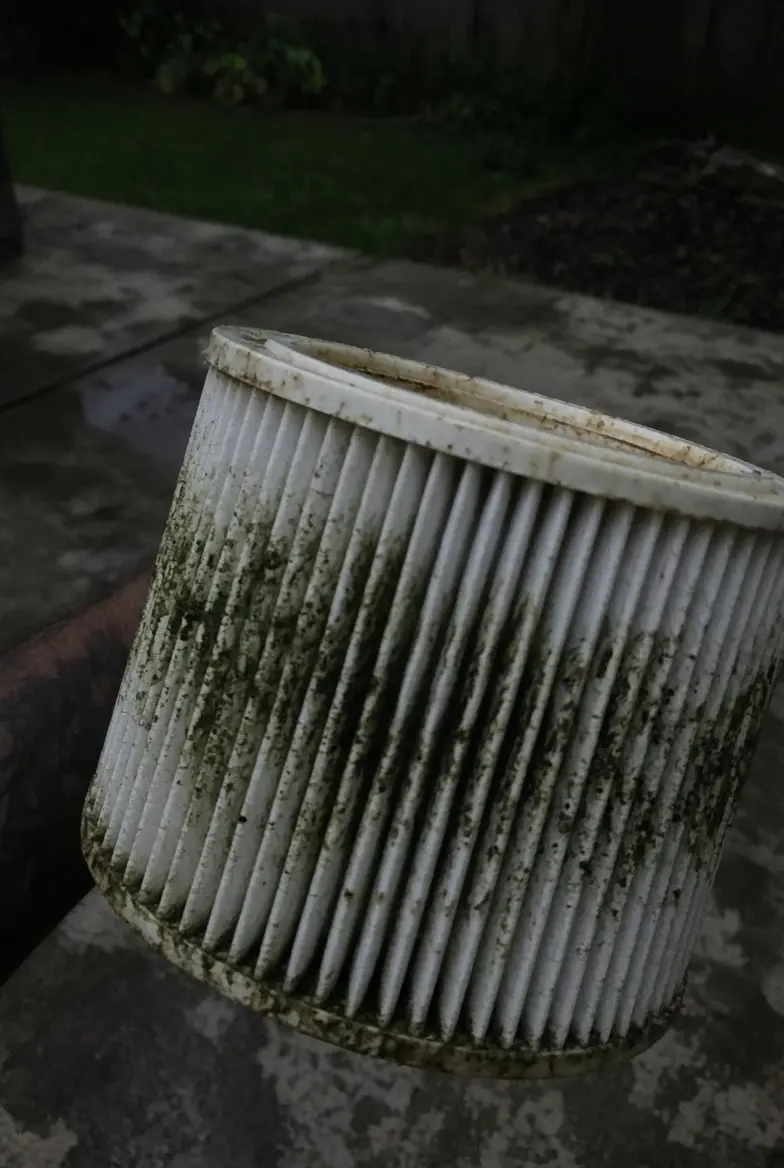 Homeowner photo of a dirty pool filter cartridge