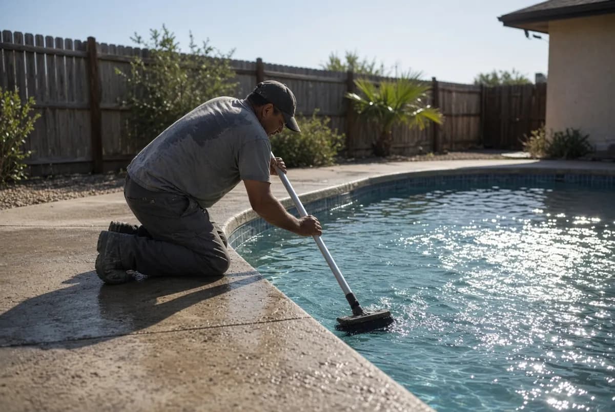 Pool service technician cleaning a backyard swimming pool